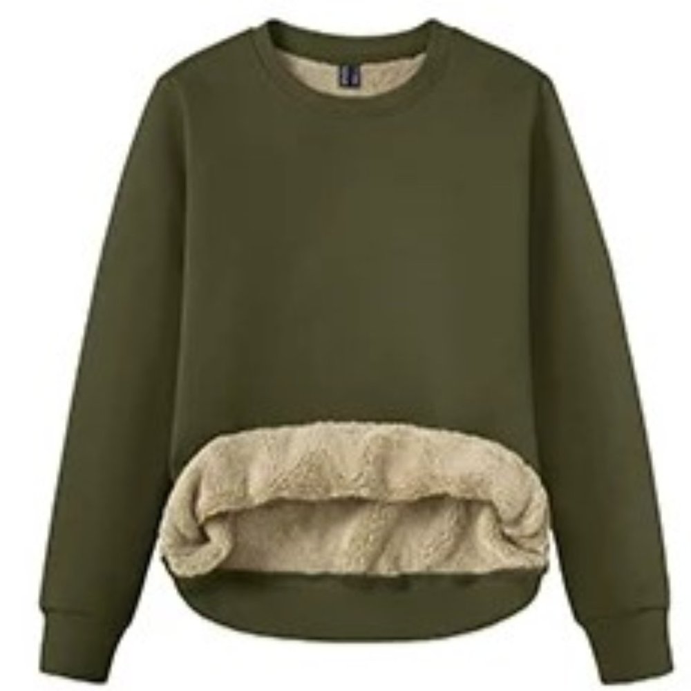 95%Cotton Womens Lined Sherpa Sweatshirt, Thick Warm Fleece, XL, Army Green